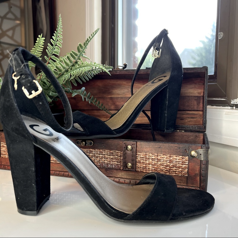 G by guess black open toe suede ankle strap pumps. Size 9.5